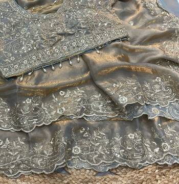 Gray Color Embroidery sequence work heavy border Satin Saree 1