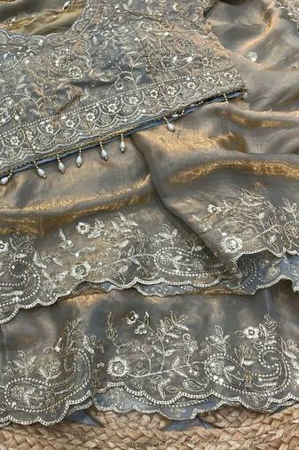 Gray Color Embroidery sequence work heavy border Satin Saree