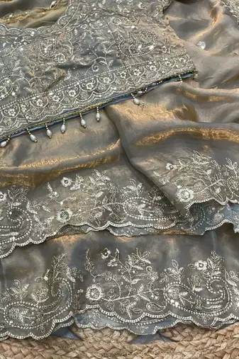 Gray Color Embroidery sequence work heavy border Satin Saree