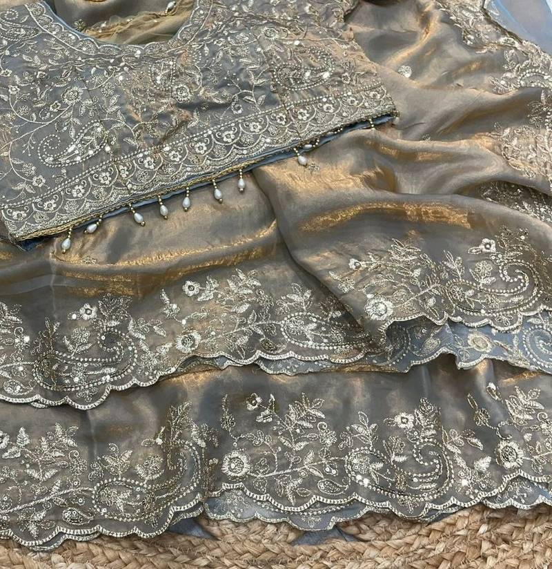 Gray Color Embroidery sequence work heavy border Satin Saree