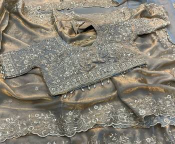 Gray Color Embroidery sequence work heavy border Satin Saree 2