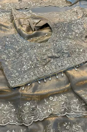 Gray Color Embroidery sequence work heavy border Satin Saree