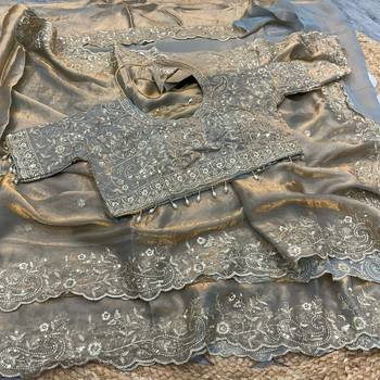Gray Color Embroidery sequence work heavy border Satin Saree 3