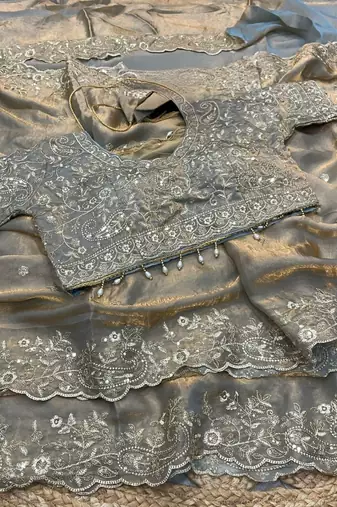 Gray Color Embroidery sequence work heavy border Satin Saree