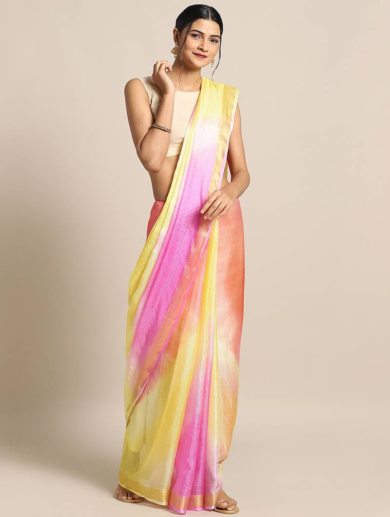 Yellow Hand Dyed Zari Border Kota Doria Silk Saree
