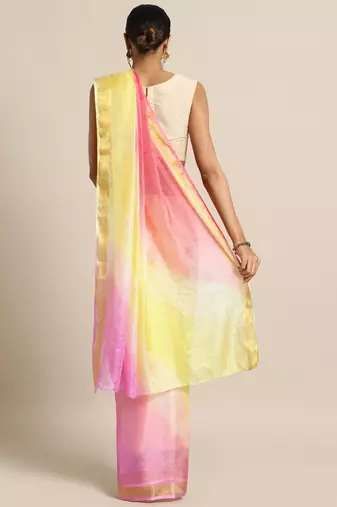 yellow kota doria silk zari border hand dyed saree