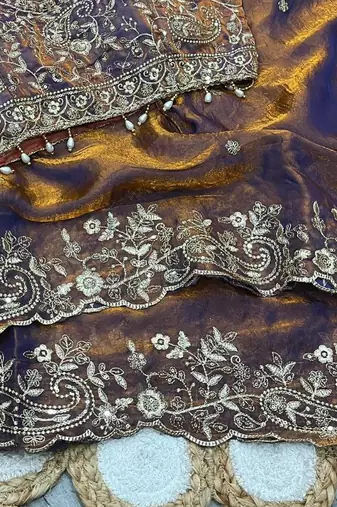 Mustard Color Embroidery sequence work heavy border Satin Saree