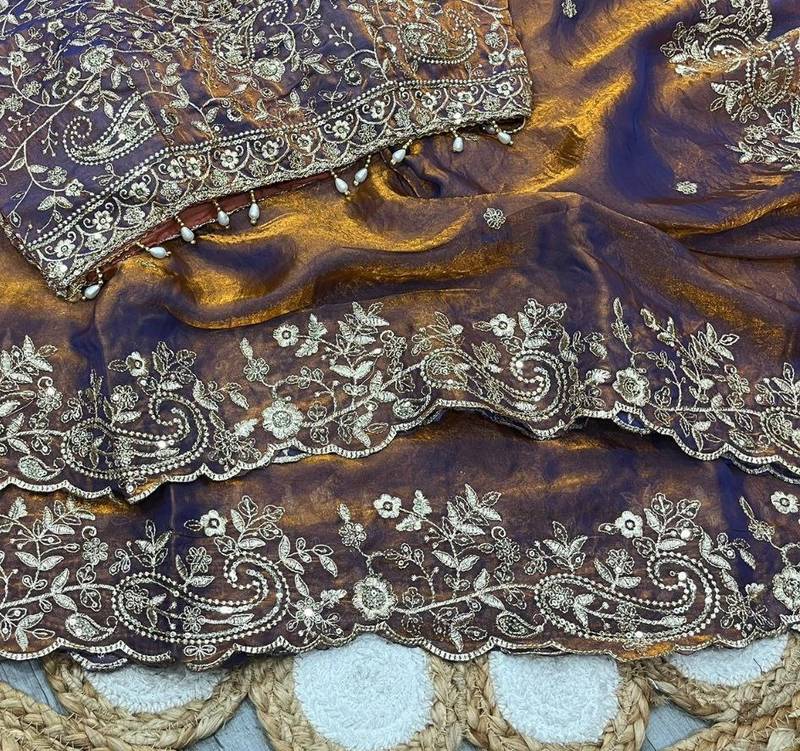 Mustard Color Embroidery sequence work heavy border Satin Saree