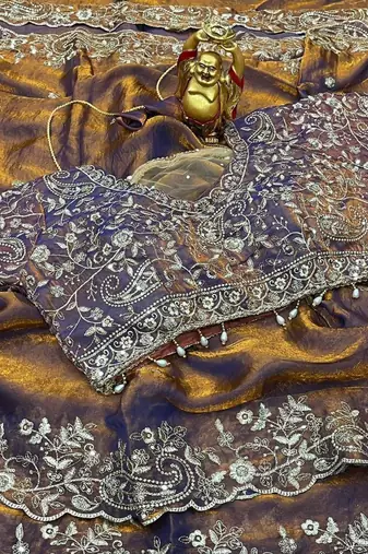 Mustard Color Embroidery sequence work heavy border Satin Saree