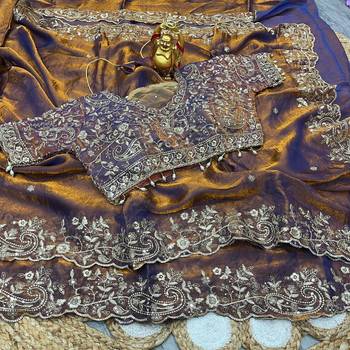 Mustard Color Embroidery sequence work heavy border Satin Saree 3