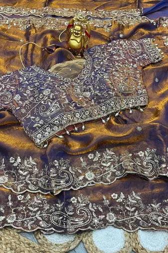 Mustard Color Embroidery sequence work heavy border Satin Saree