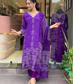 Women's purple french crepe embroidered kurta pant set with chinon dupatta