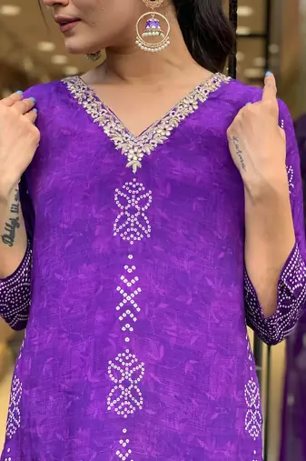 Women's purple french crepe embroidered kurta pant set with chinon dupatta