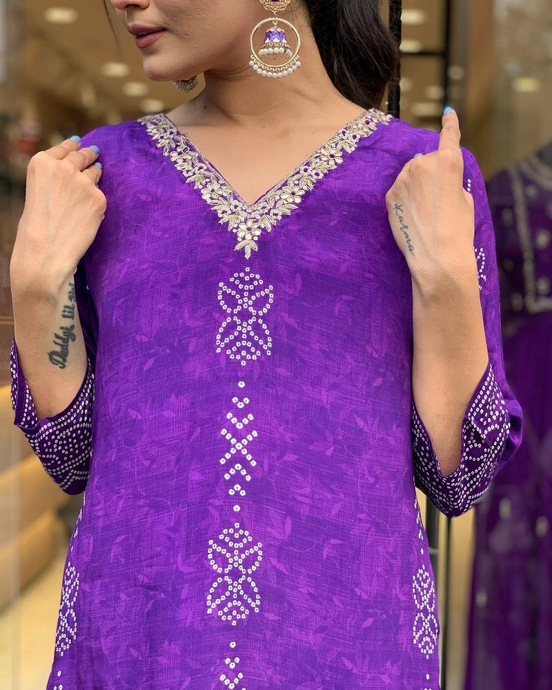 Women's purple french crepe embroidered kurta pant set with chinon dupatta