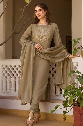 Women's pista rayon sequin embroidered kurta pant set with solid chinon dupatta