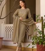 Women's pista rayon sequin embroidered kurta pant set with solid chinon dupatta