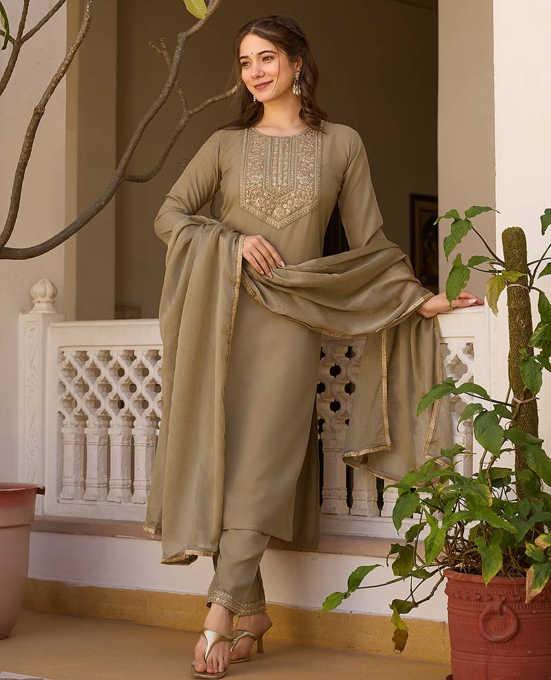 Women's pista rayon sequin embroidered kurta pant set with solid chinon dupatta