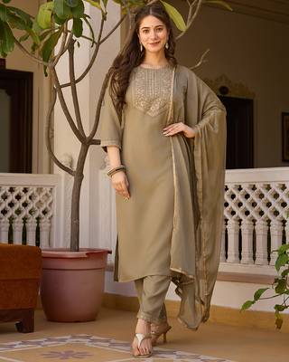 Women's pista rayon sequin embroidered kurta pant set with solid chinon dupatta 2