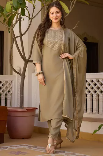Women's pista rayon sequin embroidered kurta pant set with solid chinon dupatta