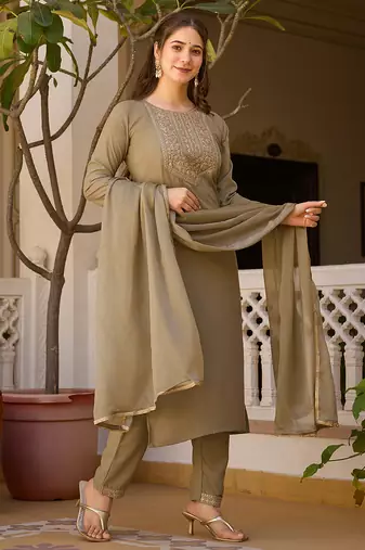 Women's pista rayon sequin embroidered kurta pant set with solid chinon dupatta