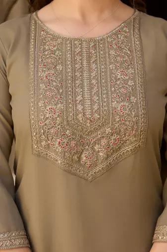 Women's pista rayon sequin embroidered kurta pant set with solid chinon dupatta