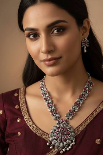 Nvr women oxidised silver finish necklace & earrings set with maroon stones