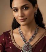 Nvr women oxidised silver finish necklace & earrings set with maroon stones