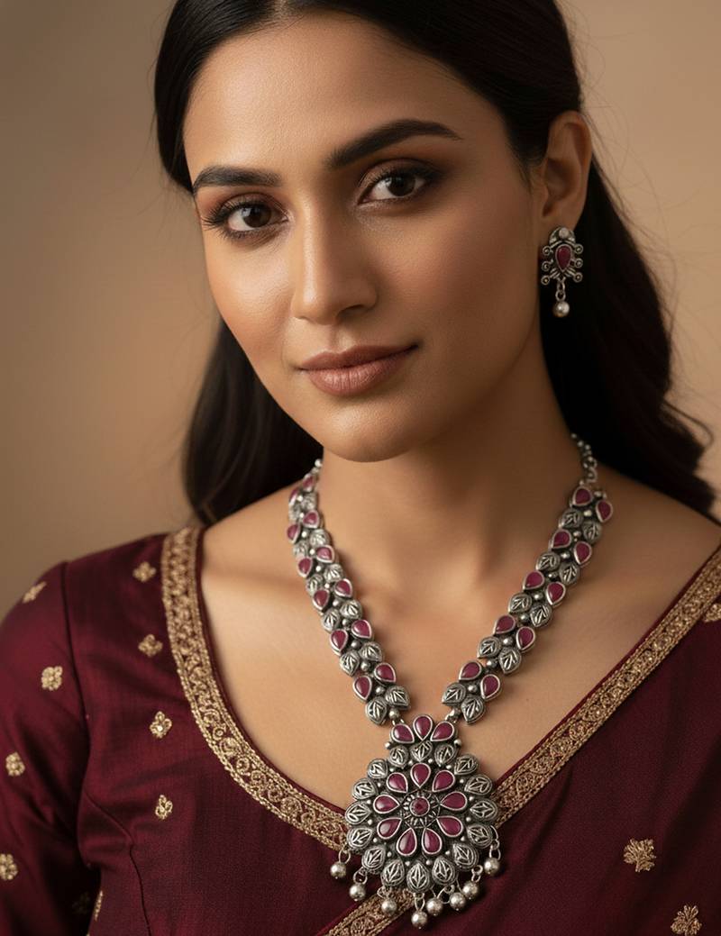 Nvr women oxidised silver finish necklace & earrings set with maroon stones