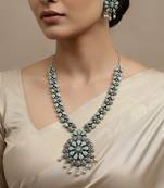Nvr women oxidised silver finish necklace & earrings set with light blue stones