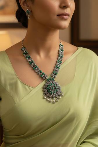 Nvr women oxidised silver finish necklace & earrings set with green stones