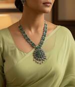 Nvr women oxidised silver finish necklace & earrings set with green stones