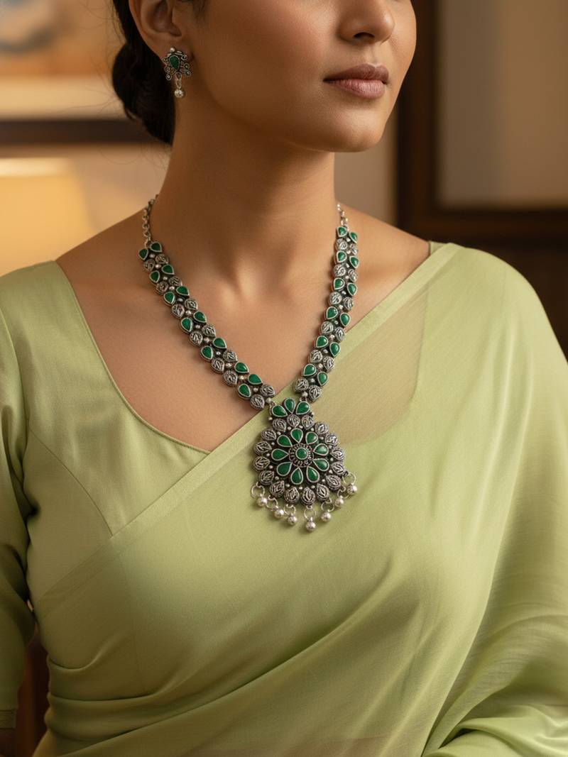 Nvr women oxidised silver finish necklace & earrings set with green stones