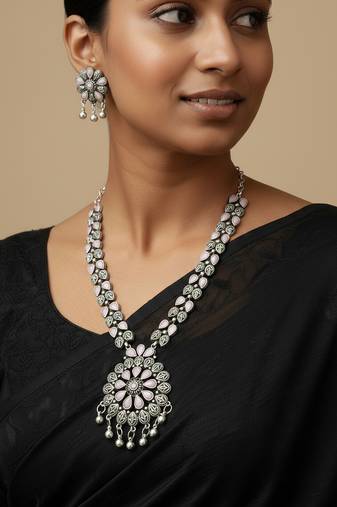 Nvr women oxidised silver finish necklace & earrings set with pink stones