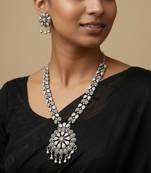 Nvr women oxidised silver finish necklace & earrings set with pink stones