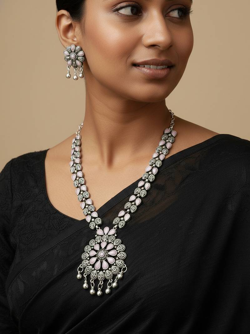 Nvr women oxidised silver finish necklace & earrings set with pink stones