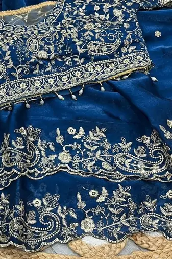 Nevy Blue Color Embroidery sequence work heavy border Satin Saree