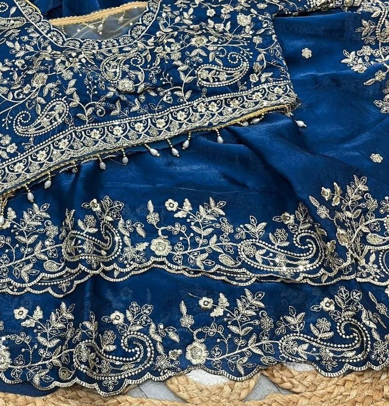 Nevy Blue Color Embroidery sequence work heavy border Satin Saree