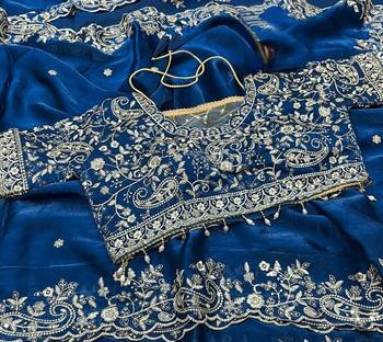 Nevy Blue Color Embroidery sequence work heavy border Satin Saree 2