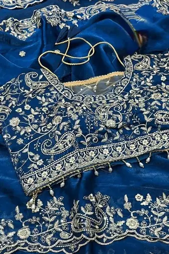 Nevy Blue Color Embroidery sequence work heavy border Satin Saree
