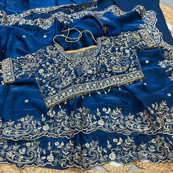 Nevy Blue Color Embroidery sequence work heavy border Satin Saree 3