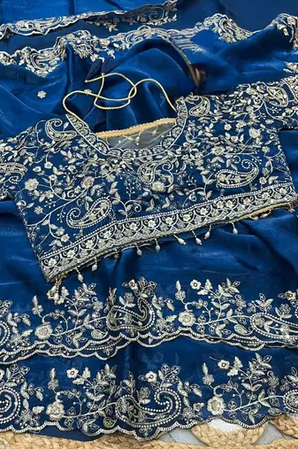 Nevy Blue Color Embroidery sequence work heavy border Satin Saree