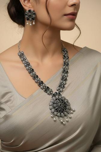 Nvr women oxidised silver finish necklace & earrings set with black stones