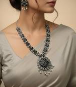 Nvr women oxidised silver finish necklace & earrings set with black stones