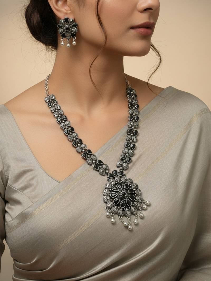 Nvr women oxidised silver finish necklace & earrings set with black stones