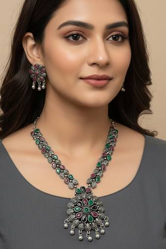 Nvr women oxidised silver finish multicolor artificial stones jewellery set