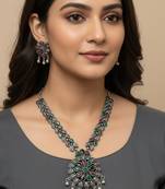 Nvr women oxidised silver finish multicolor artificial stones jewellery set