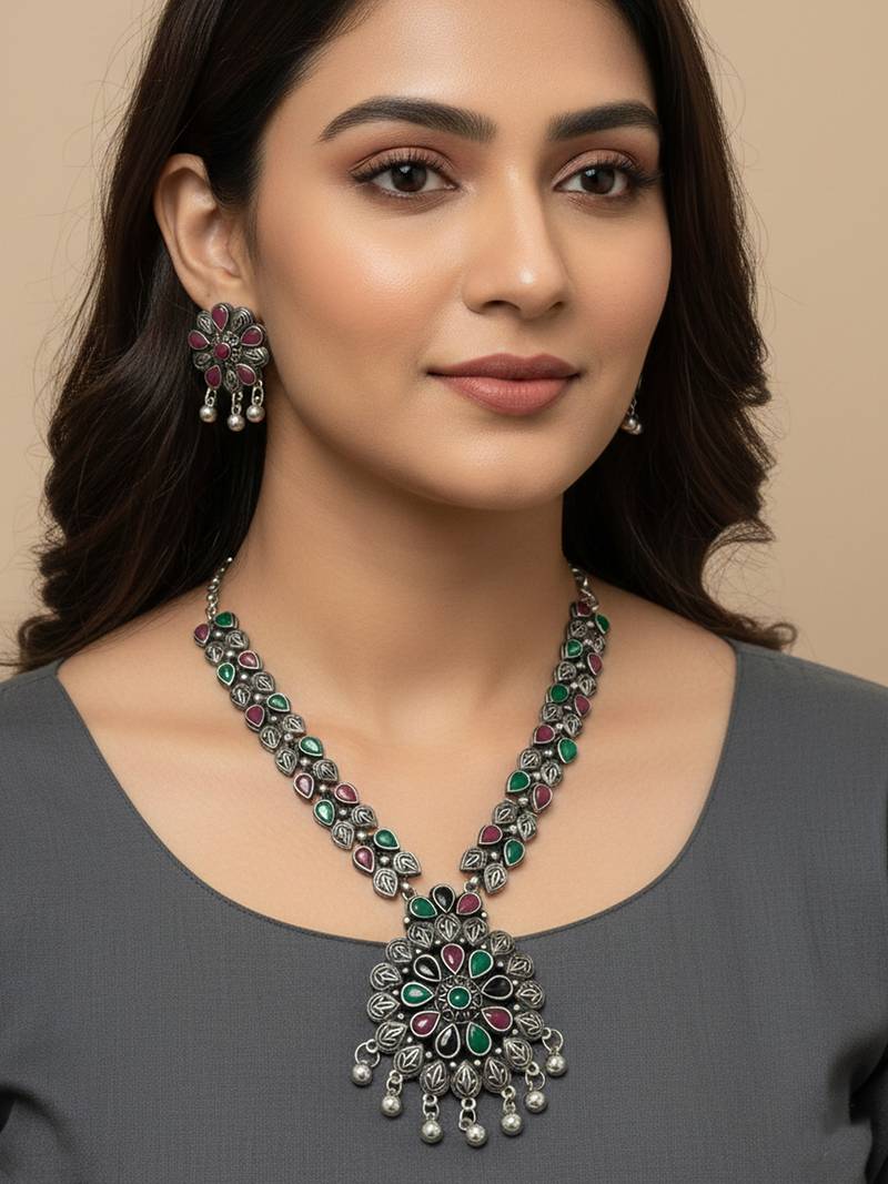 Nvr women oxidised silver finish multicolor artificial stones jewellery set