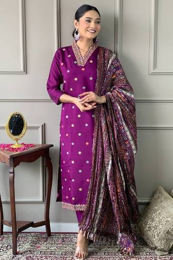 Women's purple viscose chanderi embroidered kurta pant set with printed chinon dupatta
