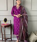 Women's purple viscose chanderi embroidered kurta pant set with printed chinon dupatta