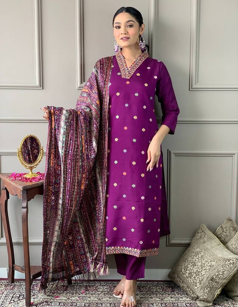 Women's purple viscose chanderi embroidered kurta pant set with printed chinon dupatta